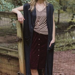 Long Black Detailed Vest with Pockets